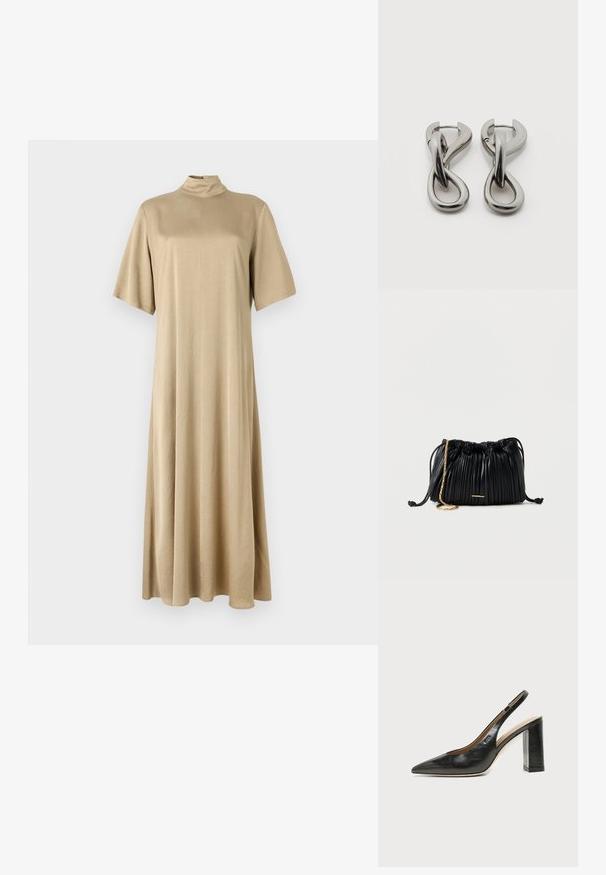 Vestido beige hasta las rodillas con cuello alto y mangas cortas. Hecho de una tela suave, presenta un corte holgado y un diseño sencillo.; Zapato slingback de piel negra con puntera puntiaguda, tacón alto y ancho, y forro interior beige sobre un fondo claro y liso.; Bolso de mano negro de cuero plisado con cordón ajustable, cadena dorada como asa y un pequeño detalle horizontal dorado en la parte frontal.; Par de pendientes de metal con acabado plateado y diseño abstracto de bucles entrelazados sobre un fondo blanco.