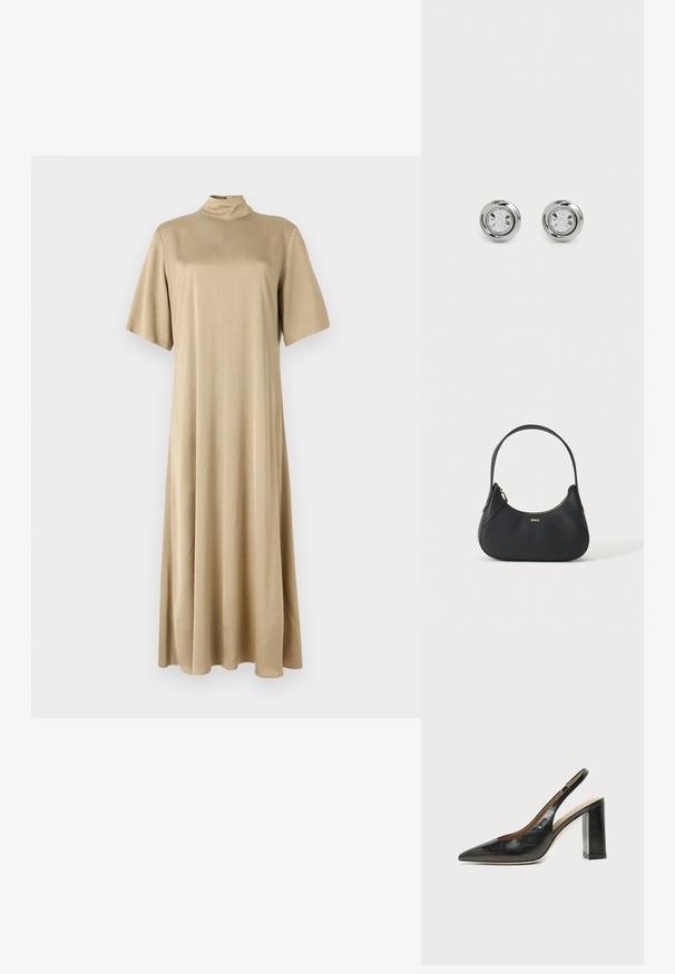 Beige, knælængde kjole med høj hals og korte ærmer. Lavet af glat stof, med en afslappet pasform og et enkelt design.; Sort læder peep-toe slingback sko med høj blokhæl og beige indvendig foring mod en ensfarvet lys baggrund.; Sort læder skuldertaske med buet form, gyldent lynlås og lille gyldent logo foran, isoleret på lys baggrund.; Sølv metal stud øreringe med runde klare krystaller, der har en glat poleret overflade og et cirkulært design med subtile hævede kanter.