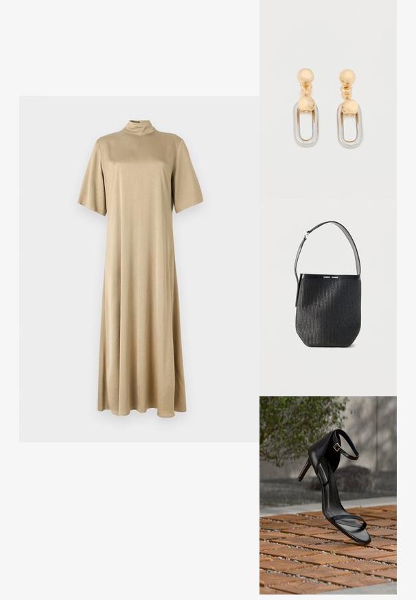 Vestido beige hasta las rodillas con cuello alto y mangas cortas. Hecho de una tela suave, presenta un corte holgado y un diseño sencillo.; Sandalia negra de tacón alto con correa en el tobillo, parece suspendida sobre un suelo de baldosas de madera al aire libre, con un fondo difuminado de vegetación y piedra.; Bolso tipo cubo tejido negro con una sola correa ajustable para el hombro y un ribete de cuero liso en la parte superior, con la marca "SAMSØE SAMSØE."; Pendientes de oro y plata con una parte superior esférica y un elemento colgante alargado en forma ovalada con un acabado brillante.