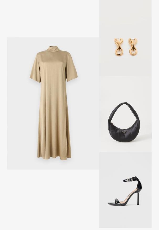 Beige, knælængde kjole med høj hals og korte ærmer. Lavet af glat stof, med en afslappet pasform og et enkelt design.; Sort højhælet sandal i laklæder med ankelrem. Har minimalistisk design, åben tå og spænde med rhinsten-detaljer.; Sort satin håndtaske med en buet form, der har en lynlåslukning og et trekantet logo i metal på forsiden. Glat tekstur og slankt design.; Par af skinnende guldfarvede hoop-øreringe med snoet, flettet design på en enkel hvid baggrund.