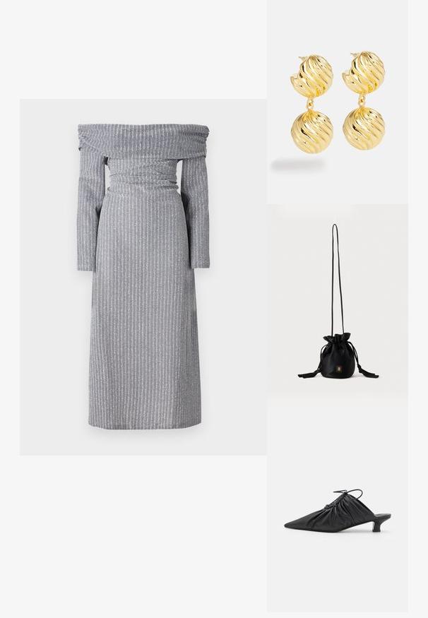 Schulterfreies Kleid in Hellgrau mit dezenten vertikalen Streifen, tailliertem Schnitt, langen Ärmeln und fließender Silhouette. Weicher Stoff.; Schwarze Leder-Mules zum Hineinschlüpfen mit spitzer Zehe, geraffter Textur und kleinem Kitten-Heel. Verfügt über ein Zugbanddetail am Öffnung.; Schwarze Bucket Bag mit Kordelzug, langem dünnem Riemen und kleinem goldenem quadratischem Logo vorne, vor einfachem Hintergrund präsentiert.; Goldfarbene Ohrringe mit einem gedrehten Design. Sie besitzen zwei kugelförmige Elemente, die beide eine wellige Textur und eine polierte Oberfläche aufweisen.