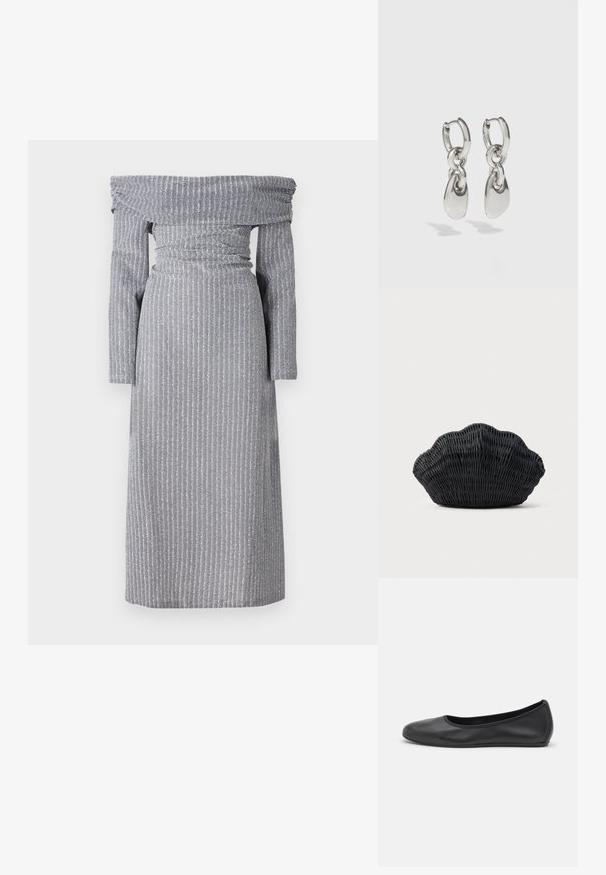 Robe décolletée en gris clair avec des rayures verticales subtiles, taille cintrée, manches longues et une silhouette fluide. Texture de tissu douce.; Ballerines en cuir noir avec un bout rond, texture lisse, détails de couture minimalistes et design de semelle flexible.; Sac à main en osier noir en forme de coquille Saint-Jacques avec un dessus courbé et une texture tressée sur un fond uni.; Boucles d'oreilles en argent avec des maillons ovales allongés, présentant une finition polie et un pendentif tombant texturé. Design simple avec des bords lisses.