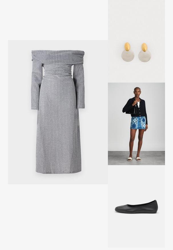Vestido off-the-shoulder en gris claro con sutiles rayas verticales, cintura ajustada, mangas largas y una silueta fluida. Textura de tela suave.; Bailarina de piel negra con punta redondeada, textura suave, detalle de costura minimalista y diseño de suela flexible.; Cárdigan negro de punto, blusa blanca, falda de mezclilla con patrón de diamantes en azul y negro, bolso negro y sandalias deslizantes beige.; Pendientes de metal dorado y plateado con base de disco redondo y pieza superior ovalada, textura suave y acabado pulido.