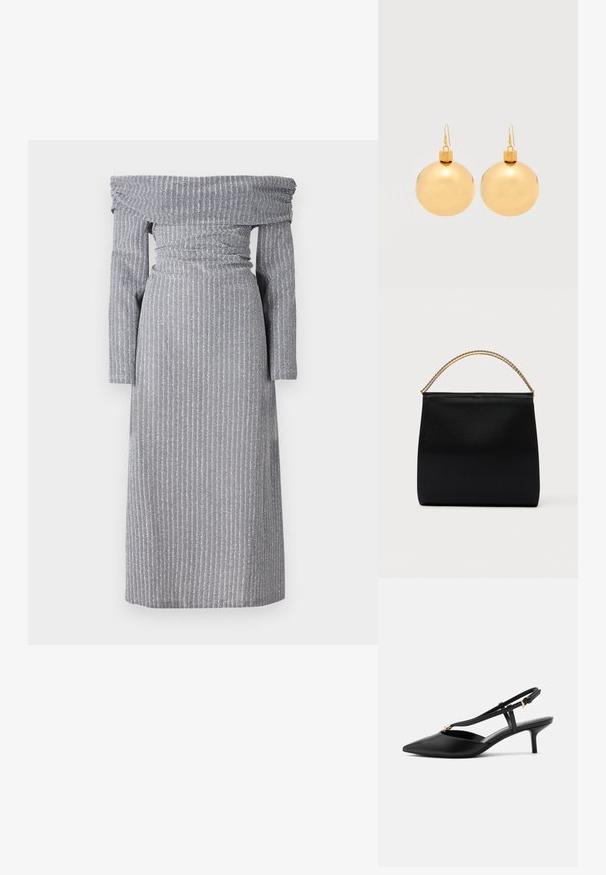 Off-shoulder jurk in lichtgrijs met subtiele verticale stripes, aansluitende taille, lange mouwen en een vloeiende silhouette. Zachte stoffen textuur.; Zwarte leren slingback kittenheels met puntige neus, smalle T-strap, verstelbare gesp en kleine gouden versiering op het bandje.; Zwarte tas van gladde stof met een gestructureerde vorm, een handvat van gouden ketting en een minimalistisch geometrisch ontwerp.; Een paar glanzende gouden kerstbal-oorbellen met haaksluitingen op een effen witte achtergrond.