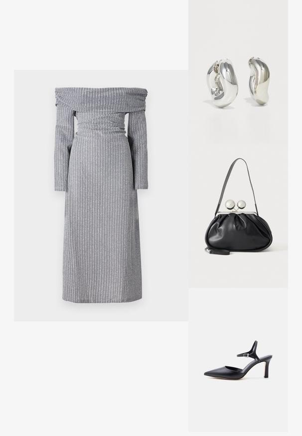 Robe décolletée en gris clair avec des rayures verticales subtiles, taille cintrée, manches longues et une silhouette fluide. Texture de tissu douce.; Escarpin noir à bout pointu avec fine bride à la cheville et boucle argentée, finition en cuir lisse, chaussure élégante pour femme.; Sac à main en cuir noir avec un design plissé, une sangle unique, un cadre métallique argenté et deux grandes fermoirs ronds en argent.; Boucles d'oreilles sculpturales en argent avec des formes douces et courbes et des surfaces réfléchissantes. Présentent un design de boucle fermée et une forme organique distincte.