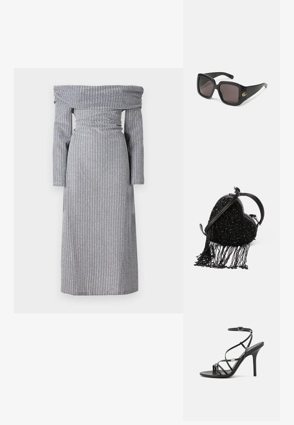 Robe décolletée en gris clair avec des rayures verticales subtiles, taille cintrée, manches longues et une silhouette fluide. Texture de tissu douce.; Sandale noire à talons hauts avec des brides fines, une boucle à la cheville, une surface en cuir lisse et un talon aiguille élancé.; Lunettes de soleil noires surdimensionnées avec des verres foncés, monture en plastique brillant, forme carrée arrondie et logo GG entrelacé doré sur le côté.; Sac à main noir en forme de cœur avec une texture perlée, des détails à franges, une poignée en cuir lisse et une bandoulière amovible.