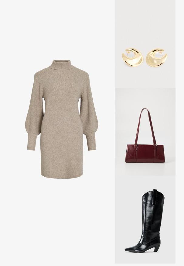 Beige ribstrikket sweaterkjole med høj hals og ballonærmer, med en blød tekstur og længde til midt på låret.; Sorte læderknæhøje støvler med spids tå, lav hæl og dekorative syninger på siderne. Glat, blank overflade.; Bordeaux håndtaske lavet af glansfuldt materiale, rektangulær form, med to skulderremme og subtile buede detaljer på forsiden.; Et par skinnende guld halvmåneformede studøreringe med klare plastikbagstykker på en lys grå overflade.
