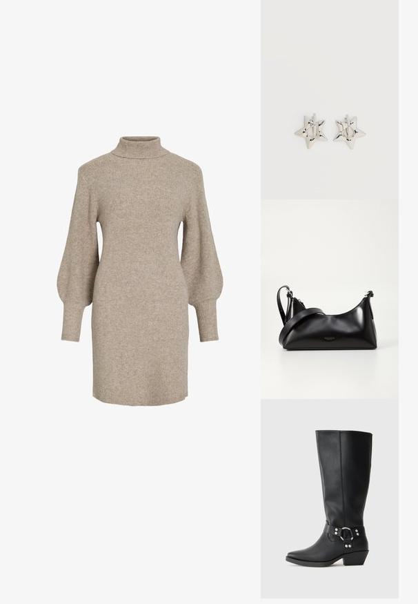 Beige ribstrikket sweaterkjole med høj hals og ballonærmer, med en blød tekstur og længde til midt på låret.; Sorte læderknæhøje støvler med spids tå, der har en dekorativ ankelrem og sølvfarvede hardware-detaljer. Lav stablet hæl.; Sort læderhåndtaske med en glat tekstur. Har en justerbar stropp og et enkelt, minimalistisk design med lynlås.; Sølv stjerneformede øreringe med en glat, poleret finish på en ensfarvet hvid baggrund.