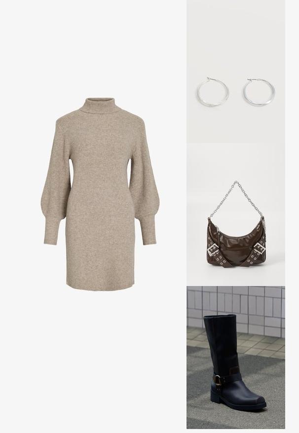 Beige ribstrikket sweaterkjole med høj hals og ballonærmer, med en blød tekstur og længde til midt på låret.; Sort midt på læggen læderstøvle med lav hæl og dekorativ rem med metalspænde, stående på en grå belagt overflade nær en flisevæg.; Mørkebrunt patentlæder håndtaske med sølv kæderekke, dekorerede dobbelte spænder og lynlås lukning.; Sølvfarvede metaloorringe med glat, let buet overflade og låsemekanisme på en ensfarvet hvid baggrund.