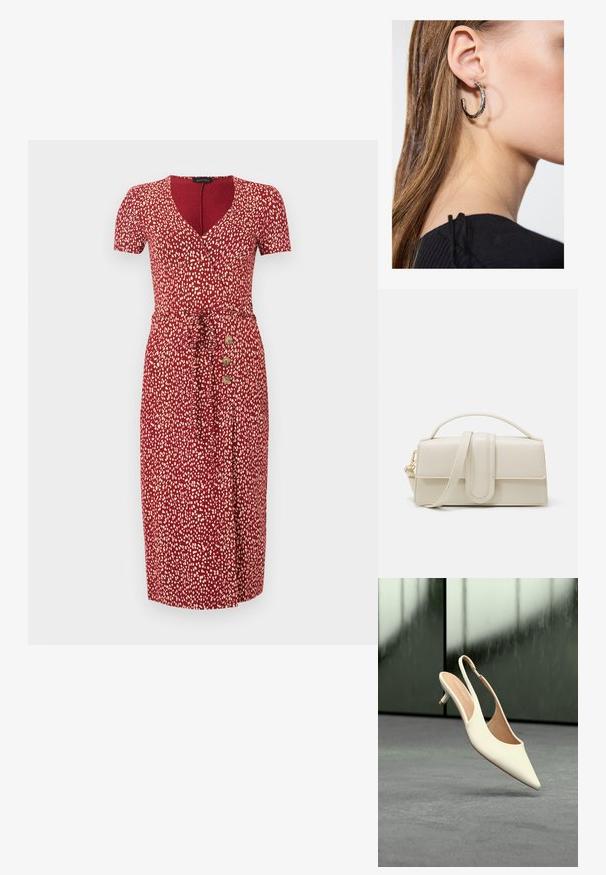 Robe midi rouge avec des taches blanches abstraites, manches courtes, décolleté en V, ceinture à la taille et trois boutons en bois sur le côté gauche.; Chaussure femme beige à bout pointu avec bride arrière et petit talon kitten, flottant au-dessus d'un sol gris sur fond sombre flou.; Sac à main en cuir couleur crème, de forme rectangulaire, avec une poignée plate et une bandoulière détachable ; présente un rabat à l'avant avec une fermeture magnétique.; Boucle d'oreille en argent avec une finition polie, présentant de petits détails en or et de forme ronde, portée sur le lobe.
