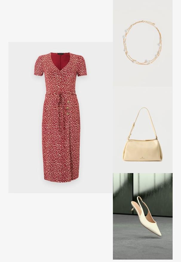 Robe midi rouge avec des taches blanches abstraites, manches courtes, décolleté en V, ceinture à la taille et trois boutons en bois sur le côté gauche.; Chaussure femme beige à bout pointu avec bride arrière et petit talon kitten, flottant au-dessus d'un sol gris sur fond sombre flou.; Sac bandoulière rectangulaire beige avec sangle réglable et fermeture éclair, comportant un petit logo "Anna Field" au centre avant.; Collier délicat à double chaîne en or avec de petites perles blanches espacées régulièrement sur un fond clair uni.