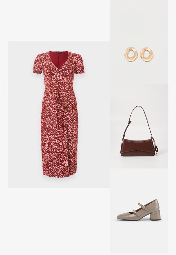 Robe midi rouge avec des taches blanches abstraites, manches courtes, décolleté en V, ceinture à la taille et trois boutons en bois sur le côté gauche.; Chaussure Mary Jane en cuir verni beige avec un bout pointu, deux sangles ajustables et un talon épais et carré. Texture lisse et matériel minimal.; Sac à main en cuir marron avec une silhouette incurvée, une seule sangle et des garnitures en or. Il présente un accent tressé et une texture lisse et mate.; Paired boucles d'oreilles en métal doré poli de forme irrégulière avec un centre ouvert sur un fond blanc uni.