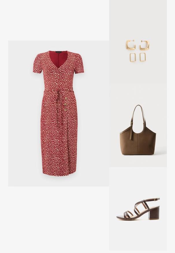 Robe midi rouge avec des taches blanches abstraites, manches courtes, décolleté en V, ceinture à la taille et trois boutons en bois sur le côté gauche.; Sandale marron en cuir à brides avec un talon bloc de hauteur moyenne et une bride de cheville réglable avec boucle sur fond blanc.; Sac cabas en cuir marron avec bandoulière ajustable et boucle dorée, texture lisse, présenté sur fond blanc uni.; Deux paires de Boucles d'oreilles créoles géométriques dorées sur une surface blanche unie, une paire carrée et pleine, une paire rectangulaire et creuse.