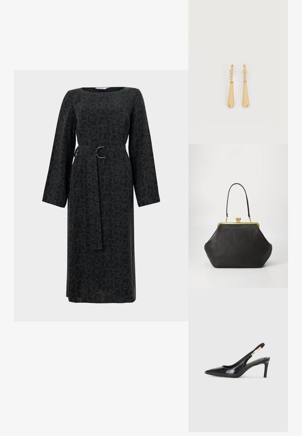 Sort langærmet kjole med et blomster mønster i en lysere nuance, med en knyttet talje og en firkantet halsudskæring. Fremstillet af letvægtsstof.; Sort læder slingback højhælede sko med spidse tæer, glat overflade og en smal ankelrem med guldfarvede hardware detaljer.; COACH Håndtasker - black; Øreringe i guldfarvet metal med glatte, aflangt dråbeformede vedhæng, der hænger fra små creol-låse på en hvid baggrund.