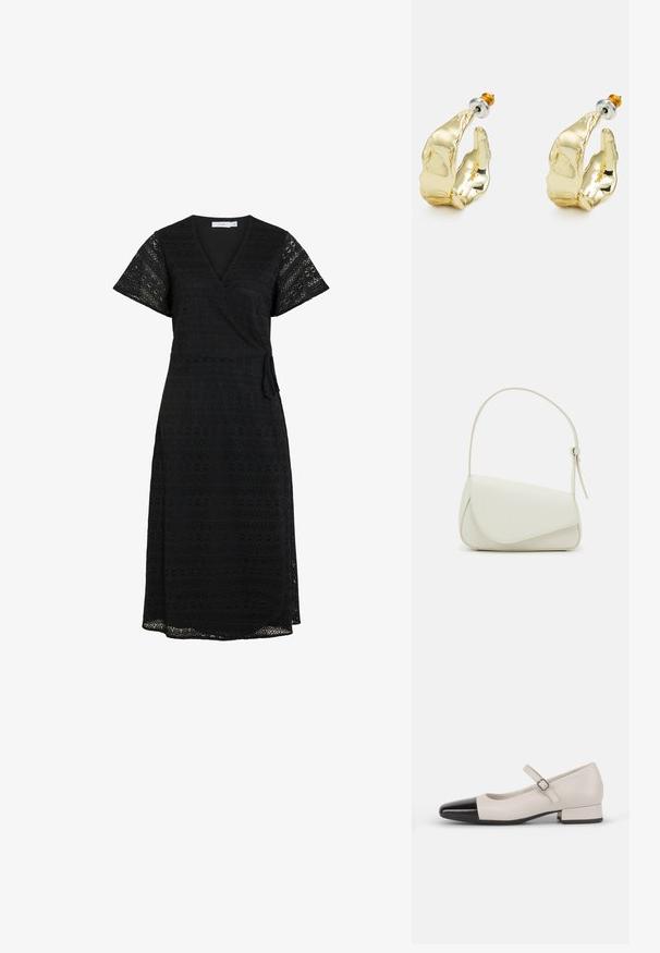 Vestido negro envolvente con mangas cortas y detalles intrincados de encaje, con un lazo lateral y un dobladillo fluido, adecuado para diversas ocasiones.; Zapato estilo Mary Jane en cuero crema con puntera de charol negro. Presenta una punta redonda, tirante en el tobillo con una hebilla cuadrada y un tacón bajo y cuadrado.; Bolso de mano de imitación cuero blanco con una forma triangular estructurada, correa ajustable única y cierre con solapa acentuada en curva.; Pendientes en tono dorado con forma de manos abstractas, que presentan una superficie brillante, detalles intrincados y un poste de plata y oro para un ajuste seguro.
