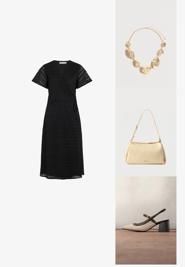 Schwarzes Wickelkleid mit kurzen Ärmeln und aufwendigen Spitzenverzierungen, mit einem seitlichen Bindeband und einem fließenden Saum, geeignet für verschiedene Anlässe.; Beiger Slingback-Pumps mit spitz zulaufender Schuhspitze, schwarzem Besatz und Schnallendetail. Glattes Material mit matter Oberfläche, mittelhoher Blockabsatz.; Beige rechteckige Schultertasche mit verstellbarem Riemen und Reißverschluss, mit kleinem "Anna Field"-Logo in der Mitte vorne.; Goldfarbene Kettenkette mit sechs unregelmäßigen, gehämmerten ovalen und runden Metallplatten, die miteinander verbunden sind und einen verstellbaren Verschluss haben.