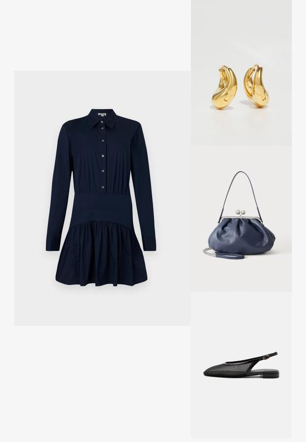 Robe chemise bleu marine avec un devant à boutons, des manches longues, une taille cintrée et une jupe évasée avec un détail froncé à l'ourlet.; Chaussure plate noire à bride arrière, bout pointu, tige en mesh, bride à boucle réglable et petit talon empilé sur fond blanc.; Sac à main en cuir bleu marine doux avec fermeture à boucle argentée, une seule bandoulière, et une chaîne de poignet amovible sur fond blanc.; Boucles d'oreilles en or en forme de d'anneaux lisses et courbés avec une finition polie. Équipées d'un mécanisme de fermeture et de légères indentations pour le détail.