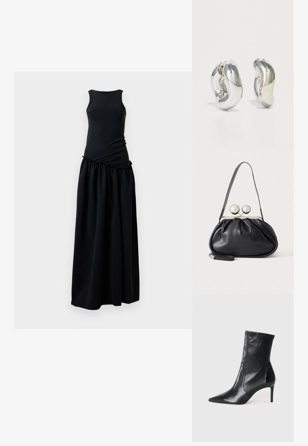 Robe noire avec un haut ajusté à col rond et une jupe froncée et fluide. Fabriquée à partir d'un tissu doux et lisse avec une texture homogène.; Bottes noires à la cheville en cuir lisse, dotées d'un bout pointu, d'un tige ajustée et d'un talon haut fin. Design minimaliste sans quincaillerie visible.; Sac à main en cuir noir avec un design plissé, une sangle unique, un cadre métallique argenté et deux grandes fermoirs ronds en argent.; Boucles d'oreilles sculpturales en argent avec des formes douces et courbes et des surfaces réfléchissantes. Présentent un design de boucle fermée et une forme organique distincte.