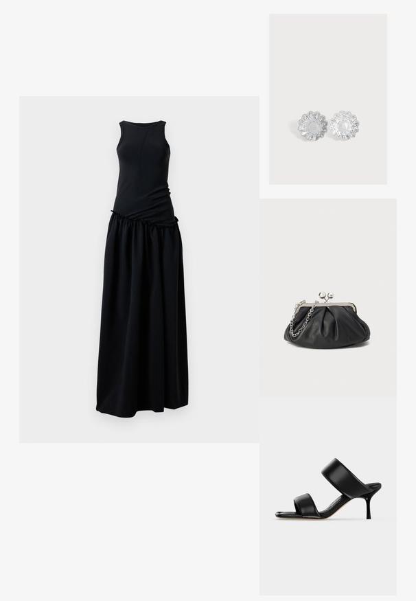 Robe noire avec un haut ajusté à col rond et une jupe froncée et fluide. Fabriquée à partir d'un tissu doux et lisse avec une texture homogène.; Sandale mule en cuir noir avec deux larges brides et un talon stiletto fin de hauteur moyenne sur un fond clair uni.; Porte-monnaie en cuir noir avec texture froncée, cadre en métal argenté, fermeture à verrouillage kiss-lock et bandoulière en chaîne. Surface lisse et douce.; Deux petits moules à pâtisserie en métal argenté en forme de fleur avec des bords festonnés sur un fond clair uni.