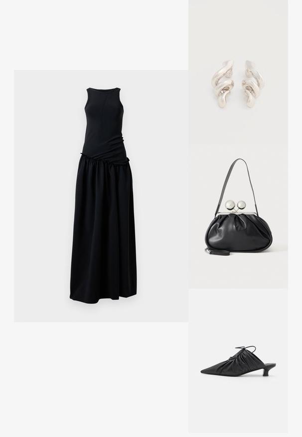 Robe noire avec un haut ajusté à col rond et une jupe froncée et fluide. Fabriquée à partir d'un tissu doux et lisse avec une texture homogène.; Mules noirs en cuir à enfiler avec un bout pointu, une texture froncée et un petit talon aiguille. Présente un détail à cordon au niveau de l'ouverture.; Sac à main en cuir noir avec un design plissé, une sangle unique, un cadre métallique argenté et deux grandes fermoirs ronds en argent.; Boucles d'oreilles clips en métal argenté torsadé avec une finition lisse et brillante, présentant un design moderne et abstrait en spirale.