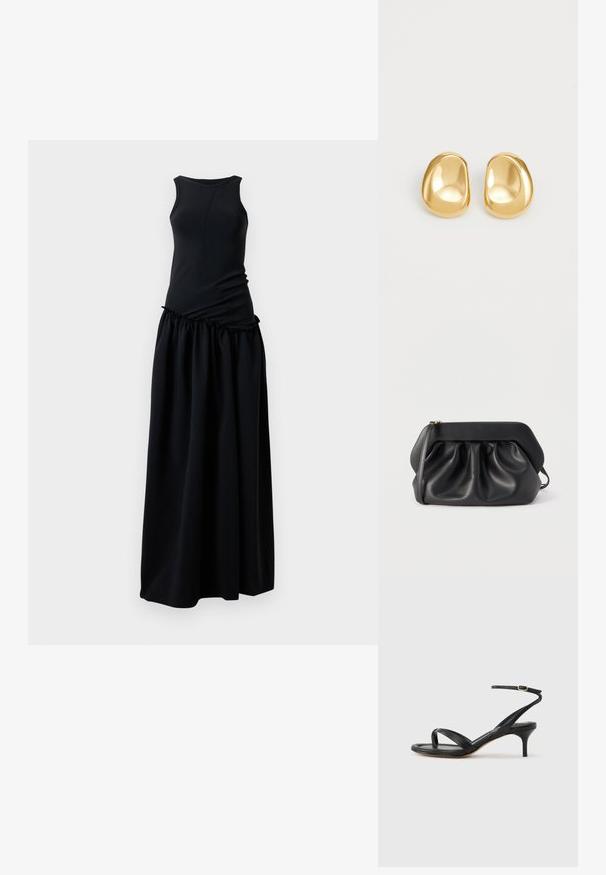 Robe noire avec un haut ajusté à col rond et une jupe froncée et fluide. Fabriquée à partir d'un tissu doux et lisse avec une texture homogène.; Sandale pour femme en cuir noir avec fines lanières, une boucle d'orteil, une boucle à la cheville et un talon aiguille de hauteur moyenne sur un fond neutre.; Pochette en cuir noir avec une structure rigide, des détails froncés et une fine lanière de poignet sur fond blanc.; Boucles d'oreilles en forme de clou de couleur or, avec une forme lisse et arrondie et une surface réfléchissante, mettant en avant un design minimaliste sans motifs visibles.