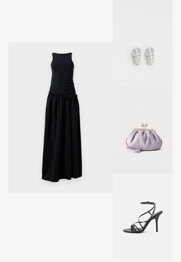 Robe noire avec un haut ajusté à col rond et une jupe froncée et fluide. Fabriquée à partir d'un tissu doux et lisse avec une texture homogène.; Sandale noire à talons hauts avec des brides fines, une boucle à la cheville, une surface en cuir lisse et un talon aiguille élancé.; Pochette lavande douce avec tissu froncé, fermoir kiss-lock argenté et bracelet assorti sur un fond clair uni.; Boucles d'oreilles en clip argentées avec un design en spirale, présentant une texture métallique lisse et des formes arrondies. Pas d'embellissements ou de motifs visibles.