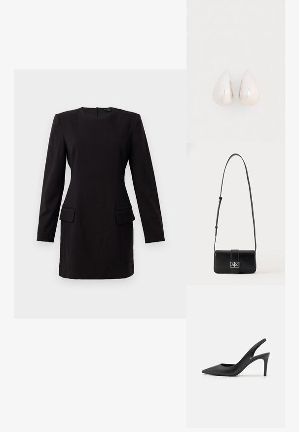 Robe noire à manches longues avec un col rond, deux poches avant et une coupe élégante, fabriquée dans un tissu lisse avec un minimum de détails.; Escarpins à talon aiguille en cuir noir, avec un design à bout pointu, présentant une découpure à l'avant et un talon fin.; Sac à bandoulière en cuir noir avec sangle ajustable et fermoir rectangulaire argenté avec les lettres A et X sur un fond uni.; Boucles d'oreilles en métal argenté en forme de goutte, avec une surface lisse et réfléchissante, présentant un design sans couture et sans embellissements visibles.