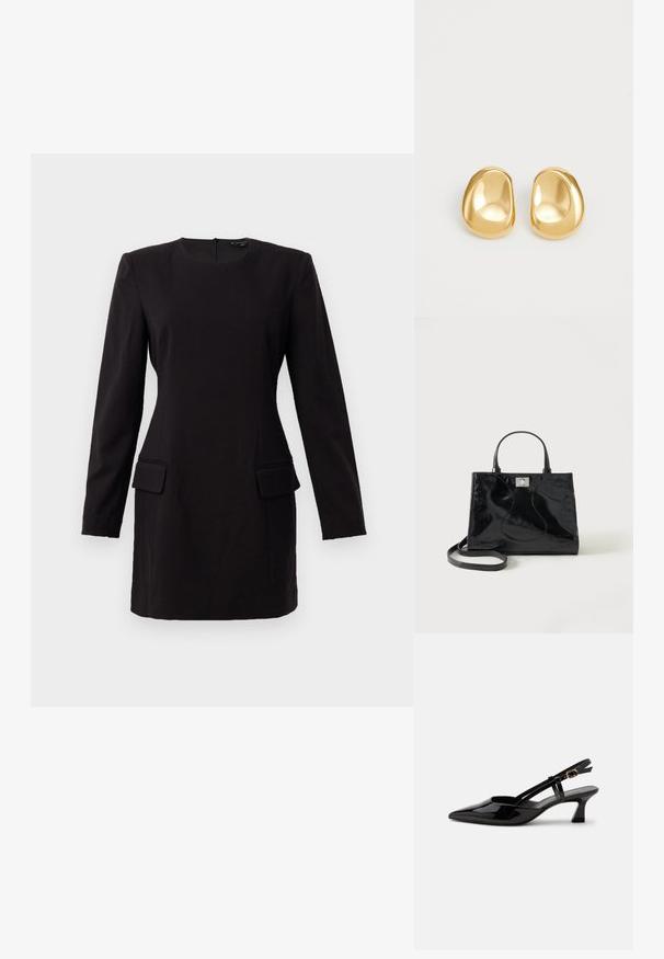 Vestido negro de manga larga con escote redondo, dos bolsillos frontales y un corte ajustado, hecho de una tela suave con un diseño minimalista.; Zapato slingback de charol negro con tacón bajo, punta puntiaguda y correa ajustable con hebilla dorada sobre fondo blanco.; Bolso de mano negro de piel patentada con asas redondeadas, una correa de hombro desmontable y cierre de broche plateado sobre un fondo blanco liso.; Pendientes de studs en color dorado con una forma suave y redondeada y una superficie reflectante, que exhiben un diseño minimalista y sin patrones visibles.