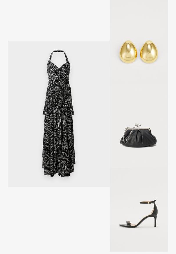 Robe maxi sans manches noir et blanc avec un corsage froncé, un ourlet à volants superposés et un motif géométrique de points et de lignes.; Sandale à talons hauts en cuir noir avec une lanière de cheville. Présente une texture lisse, un bout ouvert et un talon fin. Détail de boucle en ton doré.; Porte-monnaie en cuir noir avec texture froncée, cadre en métal argenté, fermeture à verrouillage kiss-lock et bandoulière en chaîne. Surface lisse et douce.; Boucles d'oreilles clous de couleur or avec une surface lisse et polie, en forme de goutte d'eau, réfléchissant la lumière pour un fini éclatant.