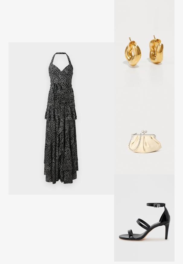 Robe maxi sans manches noir et blanc avec un corsage froncé, un ourlet à volants superposés et un motif géométrique de points et de lignes.; Sandale à talon haut en cuir verni noir avec trois fines lanières et une bride de cheville avec une boucle ronde.; Pochette en cuir beige plissé avec un cadre en métal argenté, dotée de deux fermoirs ronds décoratifs et d'une chaîne en argent.; Boucles d'oreilles créoles en or massif avec un design tubulaire légèrement tordu et des fermoirs à tige sur un fond blanc.