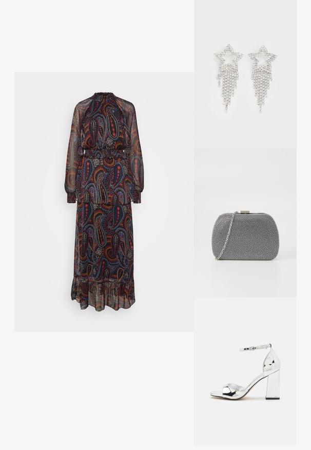 Vestido maxi de tejido azul transparente con un patrón de paisley en rojo, amarillo y azul, con un dobladillo con volantes y una cintura elástica.; Sandalia de tacón alto plateada con tacón cuadrado, punta al aire y tira en el tobillo. Presenta un acabado de charol brillante y una plantilla acolchada.; Bolso de mano texturizado en blanco y negro con forma redondeada, correa de cadena plateada y un cierre de metal en la parte superior.; Pendientes en forma de estrella con strass y detalles de flecos en cascada, con un tono plateado y una superficie brillante y reflectante. Forma de estrella con un diseño intrincado.