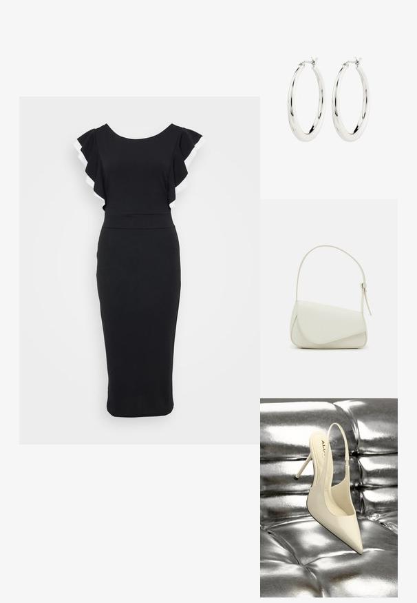 Schwarzes Kleid mit weit ausgestellten Ärmeln, die mit weißem Besatz versehen sind. Taillierter Oberteil und Midi-Länge, gefertigt aus glattem Stoff.; Cremefarbener Slingback-Pumps aus Lackleder mit spitz zulaufender Spitze und dünnem Absatz, liegend auf einer glänzenden silbernen, strukturierten Oberfläche.; Weiße Kunstleder-Handtasche mit einer strukturierten dreieckigen Form, einem verstellbaren Einzelgurt und einem Klappenverschluss mit geschwungenen Akzenten.; Silberne Creolen mit einer glatten, glänzenden Oberfläche. Kreisform, ausgestattet mit einem sicheren Verschluss. Einfaches und elegantes Design.