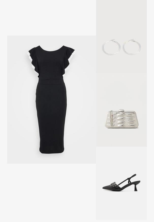 Sort kjole med udvidede ærmer, der har hvid kant, tætsiddende liv og en midi-længde silhuet lavet af glat stof.; Simmi London DALA - Pumps - black; Rektangulær sølvclutch med forhøjede ovale mønstre på forsiden og en sølvkæde, der hænger over det ene hjørne, på en ensfarvet baggrund.; Par skinnende sølvøreringe med tynde trådlåse, vist på en lys grå baggrund.
