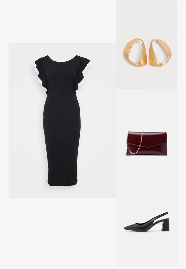 Schwarzes Kleid mit weit ausgestellten Ärmeln, die mit weißem Besatz versehen sind. Taillierter Oberteil und Midi-Länge, gefertigt aus glattem Stoff.; Schwarze Leder-Slingback-Pumps mit spitzem Zehenbereich, einem Auschnitt-Design und einem klobigen Blockabsatz. Glatte Textur mit einem minimalistischen Ästhetik.; Burgunderfarbenes Leder-Clutch mit einem eleganten, flachen Design. Ausgestattet mit einem goldenen Kettenriemen und einem angularen Klappenverschluss. Glatte Textur mit subtiler Glanz.; Paar unregelmäßiger, asymmetrischer goldener Creolen mit glatter, matter Oberfläche vor neutralem Hintergrund.
