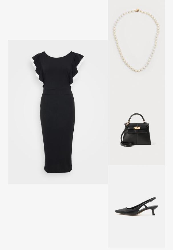 Schwarzes Kleid mit weit ausgestellten Ärmeln, die mit weißem Besatz versehen sind. Taillierter Oberteil und Midi-Länge, gefertigt aus glattem Stoff.; Schwarzer Leder-Slingback-Schuh mit spitzem Zehenbereich, niedrigem Blockabsatz, ausgeschnittenem Seitendetail und verstellbarem Knöchelriemen. Glatte Textur über das gesamte Design.; Schwarze Lederhandtasche mit strukturiertem Design, Obergriff, abnehmbarer Schulterriemen und Hardware in Goldtönen an einem Magnetverschluss.; Perlenkette mit einem einzelnen Strang aus weißen Perlen, die mit kleinen goldenen Perlen durchsetzt sind, und einem goldenen Verschluss.