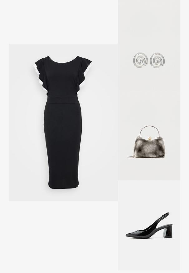 Zwarte jurk met afgeflonken mouwen met witte rand, aansluitende lijfje en een midi-lengte silhouet gemaakt van zacht materiaal.; Zwarte slingback schoen van lakleer met puntige neus en stevige middenhoge blokhak op een witte achtergrond.; Kleine handtas met zilverkleurig rasterpatroon, gebogen handvat, grote parel sluiting en een dunne zilveren kettingriem op een effen achtergrond.; Een paar zilveren spiraalvormige oorringen met een glad, afgerond ontwerp op een effen witte achtergrond.
