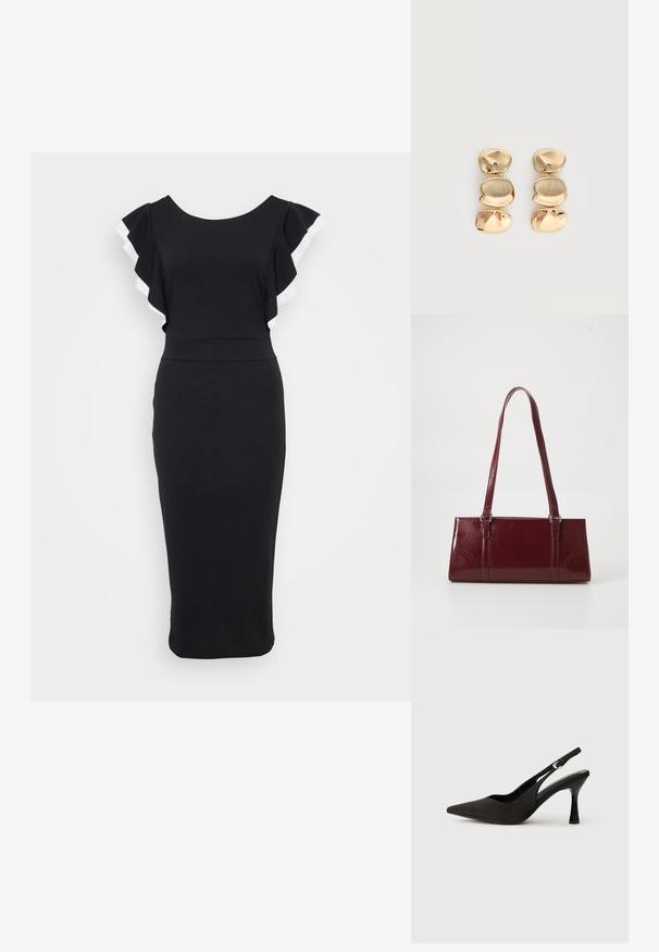 Schwarzes Kleid mit weit ausgestellten Ärmeln, die mit weißem Besatz versehen sind. Taillierter Oberteil und Midi-Länge, gefertigt aus glattem Stoff.; Schwarze Slingback-Absatzschuhe mit spitzem Zehenbereich, glattem, mattem Finish und schmalem, glanzvollem Absatz. Verstellbarer Riemen mit kleiner Schnallen-Detail.; Burgunderfarbene Handtasche aus glänzendem Material, rechteckige Form, mit zwei Schulterriemen und subtilen, geschwungenen Akzenten an der Vorderseite.; Ohrhänger in Goldoptik mit drei unregelmäßigen, glatten, abgerundeten Segmenten, die vertikal auf einem schlichten, hellen Hintergrund gestapelt sind.