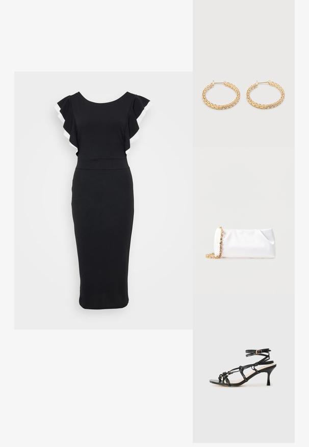 Schwarzes Kleid mit weit ausgestellten Ärmeln, die mit weißem Besatz versehen sind. Taillierter Oberteil und Midi-Länge, gefertigt aus glattem Stoff.; Schwarze Lackleder-Sandale mit hohen Absätzen und Riemchen-Design, verstellbarem Knöchelriemen und geknoteten Details. Glatte Textur, spitze Zehen.; Weiße weiche Clutch-Tasche mit goldener Kettenriemen, verziert mit klaren Edelsteinen, vor einem einfarbigen hellgrauen Hintergrund.; Paar goldene Creolen mit klaren runden Edelsteinen, auf einem schlichten weißen Hintergrund dargestellt.