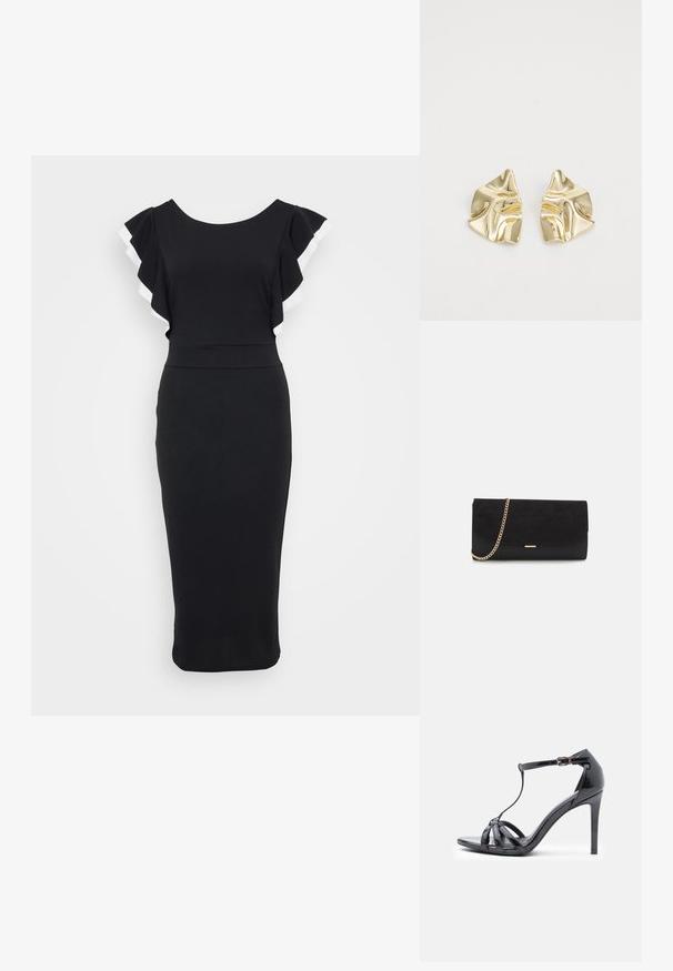 Zwarte jurk met afgeflonken mouwen met witte rand, aansluitende lijfje en een midi-lengte silhouet gemaakt van zacht materiaal.; Zwarte lakleren hoge hak sandaal met dunne banden, T-bar ontwerp, gesp sluiting en een elegante, gebogen silhouet.; Zwarte clutch tas gemaakt van suede met een textuurafwerking, voorzien van een gouden schouderband en een strakke, hoekige vorm.; Gouden metallic oorbellen met een golvend ontwerp; glad, weerspiegelend oppervlak; asymmetrische vorm; geen zichtbare patronen of hardware.