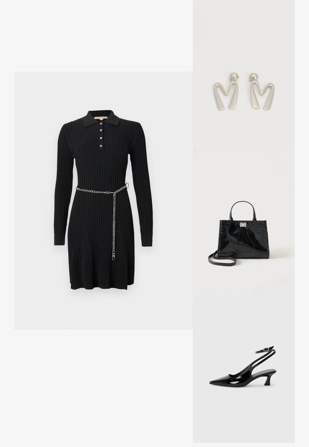 Robe noire en maille côtelée avec manches longues, col polo boutonné, détails de jupe évasée et ceinture fine en chaîne argentée à la taille.; Escarpins à brides arrière en cuir verni noir, à bout pointu, avec un petit talon carré et une sangle de cheville ajustable dotée d'une boucle dorée.; Sac à main en cuir verni noir avec poignées arrondies, bandoulière détachable et fermeture à boucle argentée sur fond blanc uni.; Paire de boucles d'oreilles en métal argenté en forme de lettre M angulaire avec des tiges arrondies sur fond blanc.