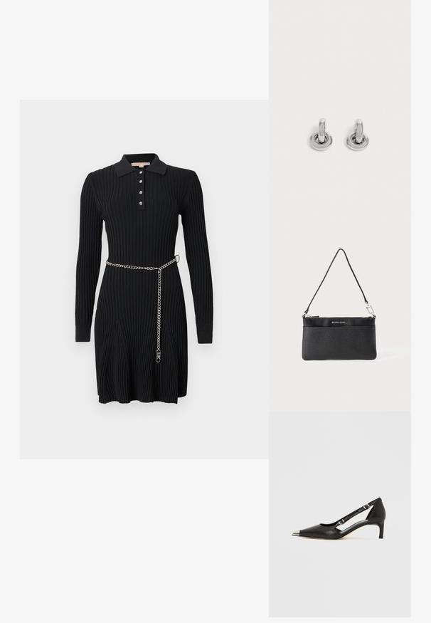Robe noire en maille côtelée avec manches longues, col polo boutonné, détails de jupe évasée et ceinture fine en chaîne argentée à la taille.; Escarpin en cuir noir à petit talon en forme de kit avec embout pointu argenté et doubles sangles à boucle sur fond blanc.; Porte-monnaie en cuir noir, finition texturée, fermeture à glissière, quincaillerie en métal argenté, logo de la marque, bandoulière réglable. Forme compacte et rectangulaire.; Paire de petites boucles d'oreilles créoles argentées brillantes avec une base ronde, présentées sur un fond clair uni.