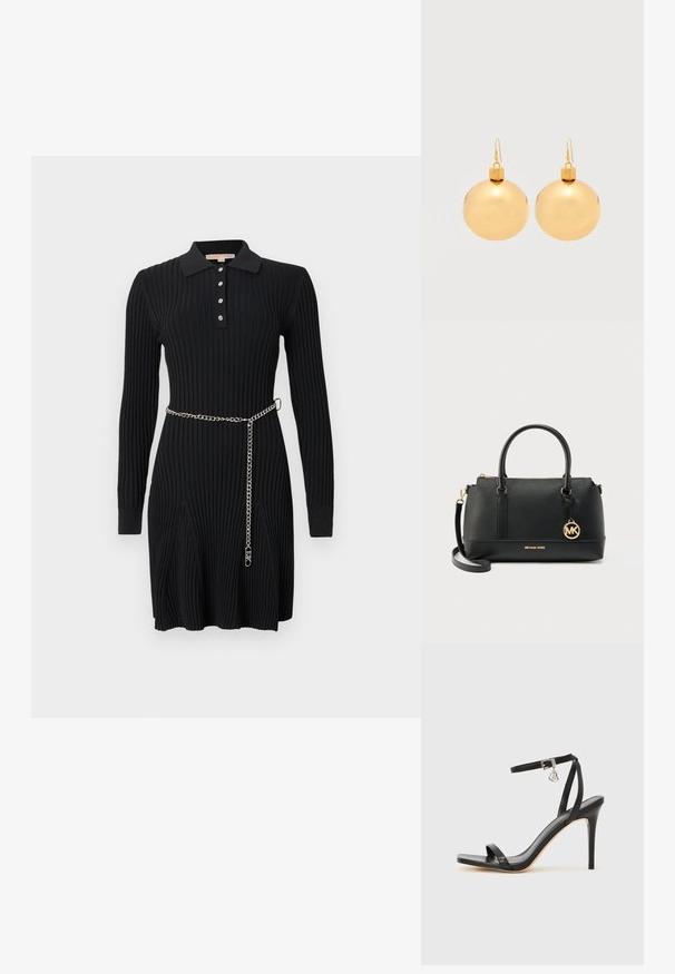 Robe noire en maille côtelée avec manches longues, col polo boutonné, détails de jupe évasée et ceinture fine en chaîne argentée à la taille.; Sandale à talon haut noire avec une bride étroite à la cheville, bout carré, cuir lisse et accent de boucle métallique.; Sac à main noir texturé Michael Kors avec double poignées, bandoulière amovible, pendentif logo doré et fermeture éclair sur un fond clair.; Paire de boucles d'oreilles boule de Noël dorées brillantes avec fermoirs à crochet sur fond blanc uni.