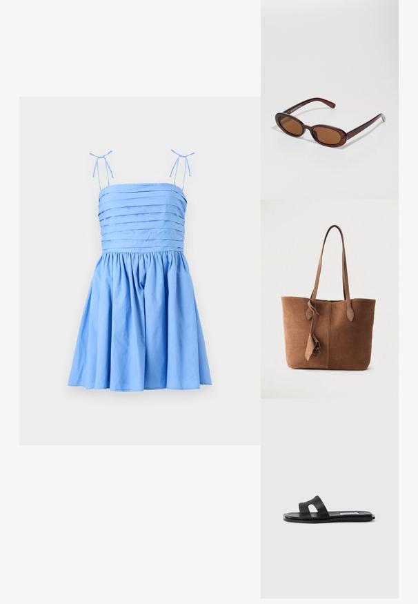 Vestido azul claro con tirantes delgados y ajustables. Presenta un cuerpo plisado y una falda fruncida, confeccionado en una tela suave y lisa.; Sandalia plana negra con dos correas anchas, un detalle de corte en una de las correas y un acabado mate suave. Suela delgada y flexible.; Gafas de sol redondas con tinte marrón y un marco burdeos brillante. Patillas delgadas con un sutil detalle de marca. Diseño de lentes planos.; Bolsa tote de ante marrón con dos correas para el hombro, un diseño sencillo y un detalle de borla lateral. Textura suave y forma estructurada.