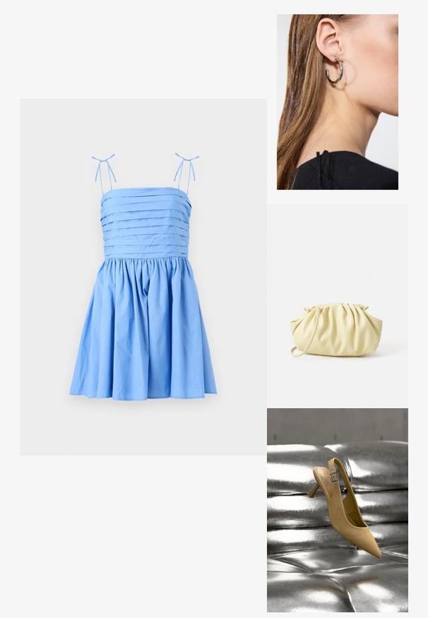 Lyseblå kjole med tynde, justerbare stropper. Den har et plisseret bærestykke og en samlede nederdel, lavet af et glat, blødt stof.; Beige semsket læder slingback kitten heel-sko med en sølvspænde, placeret over en skinnende metallisk tufted overflade.; Gul plisseret håndtaske lavet af glat kunstlæder, med en blød form, en enkelt skulderrem og samlet topdesign.; Sølv hoop ørestik med en poleret overflade, prydet med små guld accenter og en rund form, båret på øreflippen.