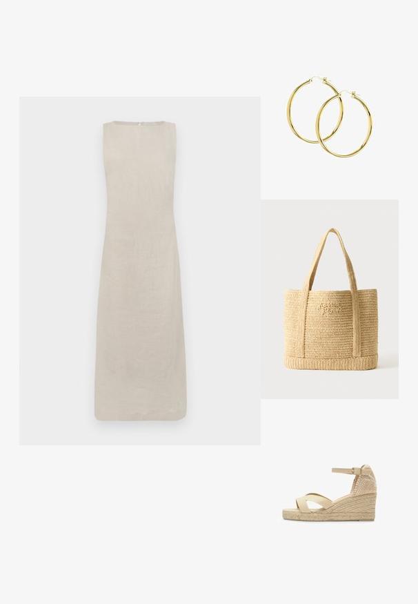 Vestido de lino sin mangas en color beige claro, con una silueta recta y escote redondo, con una cremallera trasera oculta para el cierre.; Sandalia cuña beige con tira en el tobillo, tiras delanteras entrecruzadas y plataforma estilo esparto tejido.; Bolso tote beige tejido de paja con dos asas para el hombro y un sutil bordado en cursiva en la parte delantera, sobre un fondo liso.; Pendientes de aro de oro con un acabado liso y brillante y cierre seguro de pestillo. Diseño circular sin adornos ni patrones adicionales.