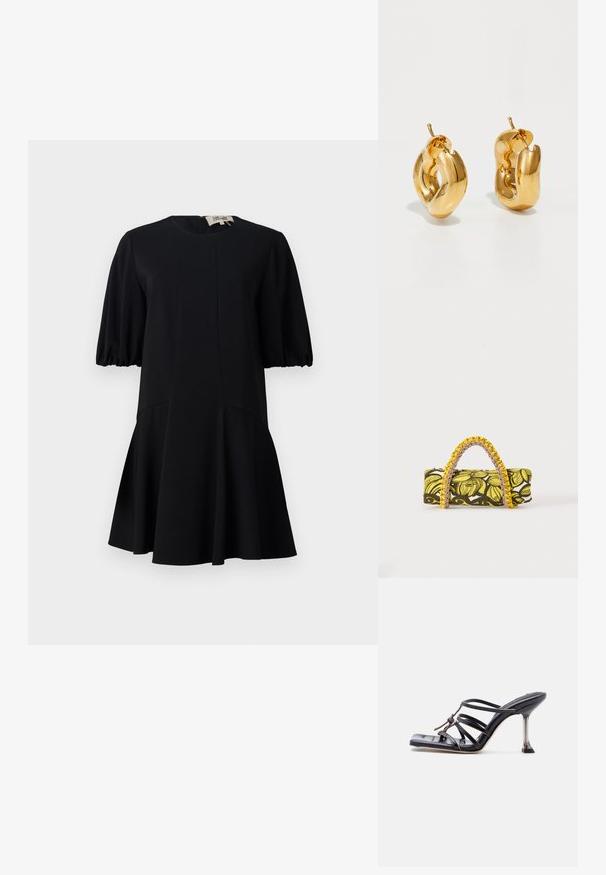 Vestido negro con un escote redondo, mangas cortas abullonadas y una falda acampanada. Fabricado en un tejido suave con detalles de costura.; Sandalia negra de tacón alto con tiras, punta cuadrada y tacón de aguja delgado, con tiras superpuestas y un detalle anudado en la parte superior.; Bolsa rectangular con patrón floral en amarillo y negro y asa trenzada amarilla y rosa sobre fondo blanco.; Pendientes de aro grueso en oro con un diseño tubular ligeramente retorcido y cierre de presión, sobre un fondo blanco.