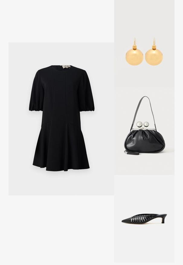 Vestido negro con un escote redondo, mangas cortas abullonadas y una falda acampanada. Fabricado en un tejido suave con detalles de costura.; Zapato mule de cuero negro con punta afilada, diseño de tiras con recortes y tacón bajo tipo kitten sobre fondo blanco.; Bolso de mano de cuero negro con diseño fruncido, una sola correa, marco metálico plateado y dos cierres grandes redondos de plata.; Par de pendientes de bola navideña dorados brillantes con cierre de gancho sobre un fondo blanco liso.