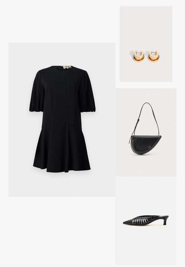 Zwart jurk met een ronde halslijn, korte puffmouwen en een uitlopende rok. Gemaakt van een soepel materiaal met naaddetails.; Zwarte leren mule met puntige neus, riemdesign met uitsnijdingen en lage kittenhiel op een witte achtergrond.; Zwarte leren handtas met een halve maanvorm, voorzien van een gladde textuur, een afneembare band en subtiele gouden branding aan de voorkant.; Een paar goudkleurige oorringen met een bredere maansikkelvorm bovenop en een ronde ring die onder elk hangt.
