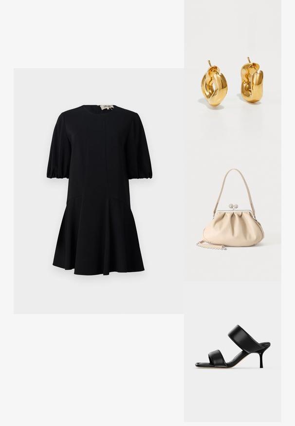 Robe noire avec un col rond, des manches courtes bouffantes et une jupe évasée. Fabriquée à partir d'un tissu lisse avec des détails de couture.; Sandale mule en cuir noir avec deux larges brides et un talon stiletto fin de hauteur moyenne sur un fond clair uni.; Sac à main en cuir souple beige avec un fermoir en métal argenté, une bandoulière simple et une bandoulière chaîne optionnelle sur fond blanc.; Boucles d'oreilles créoles en or massif avec un design tubulaire légèrement tordu et des fermoirs à tige sur un fond blanc.