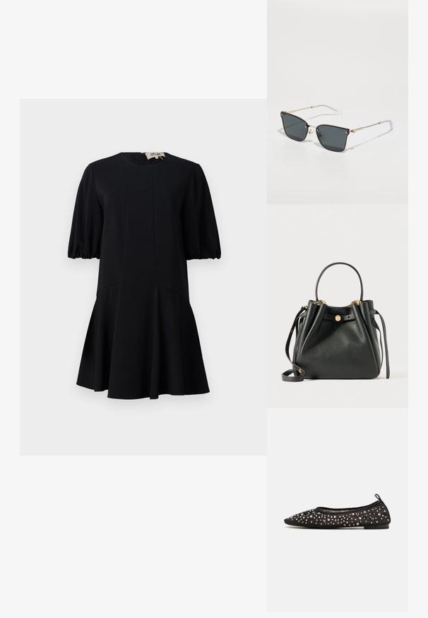 Schwarzes Kleid mit rundem Halsausschnitt, kurzen Puffärmeln und ausgestelltem Rock. Hergestellt aus einem glatten Stoff mit Nahtdetails.; Schwarze Ballerina mit spitzer Zehenform, verziert mit verschiedenen metallischen Strasssteinen, weiches Obermaterial und schwarze flache Sohle.; Schwarze Sonnenbrille mit geometrischer Form, goldenen Metallrahmen und transparenten Bügelspitzen. Mit Kristallakzenten in der Nähe der Scharniere.; Schwarze, strukturierten Leder-Handtasche mit Oberhandgriff, abnehmbarem Schultergurt und goldfarbener Knopfverschluss-Frontdetail.